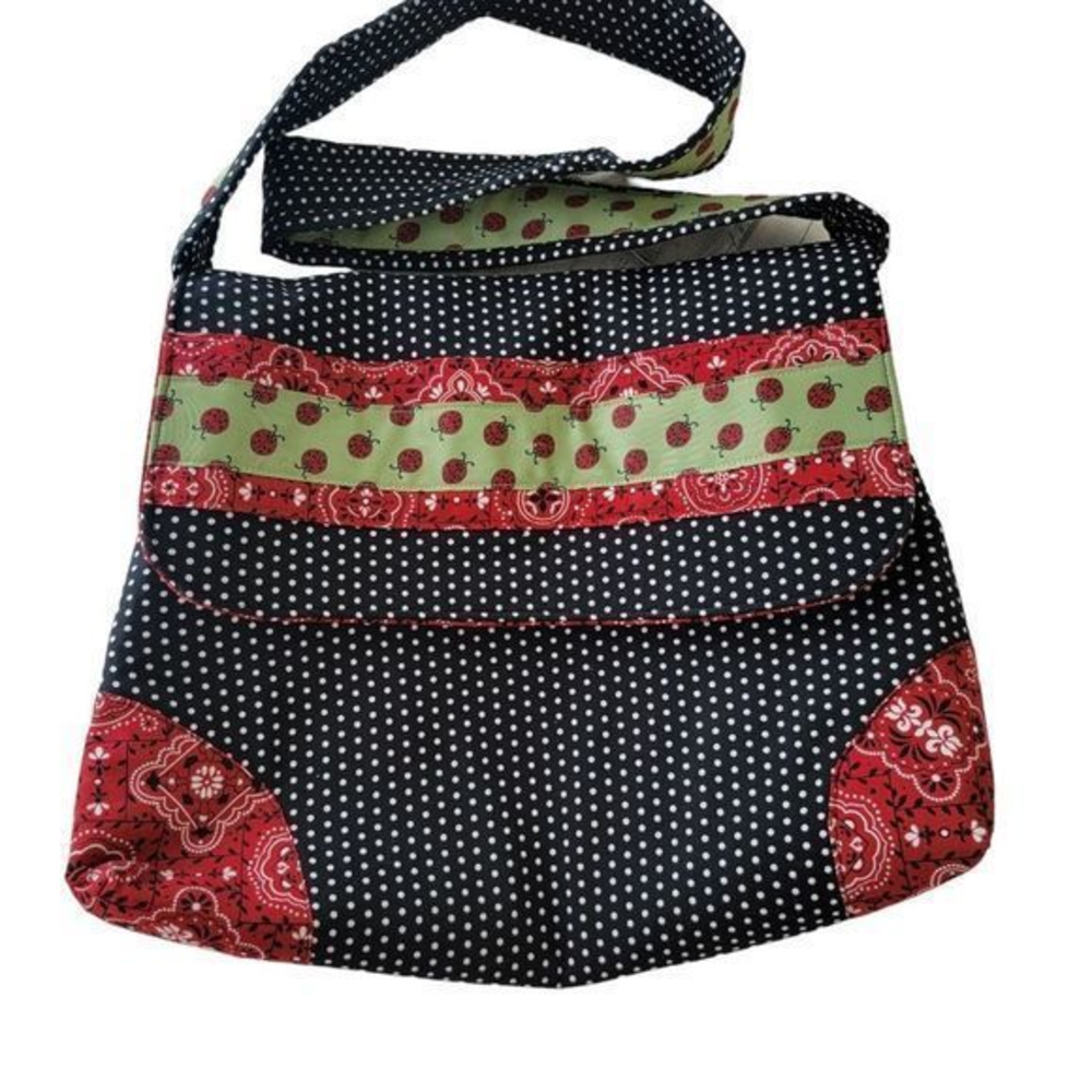 Romag made in USA cloth handbag Crossbody Purse black red Paisley‎ ladybugs dots